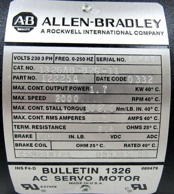 Mise à niveau vers les servomotors AC de la série AB 1326AB-B2C-11 Torque Plus pour des performances optimales